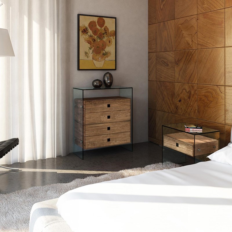 Glass nightstand PURE WOOD by DREIECK DESIGN: OPTIWHITE + wood amber