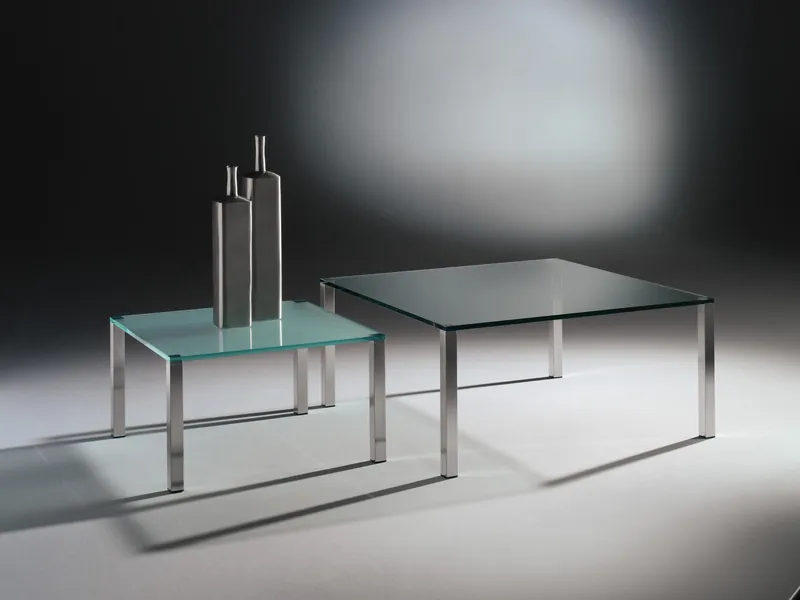 Glass coffee table with stainless steel legs QUADRO by DREIECK DESIGN: Q 7740 - Floatglas Satin-finished + Q 1146 - Floatglas Clear - Table legs brushed stainless steel