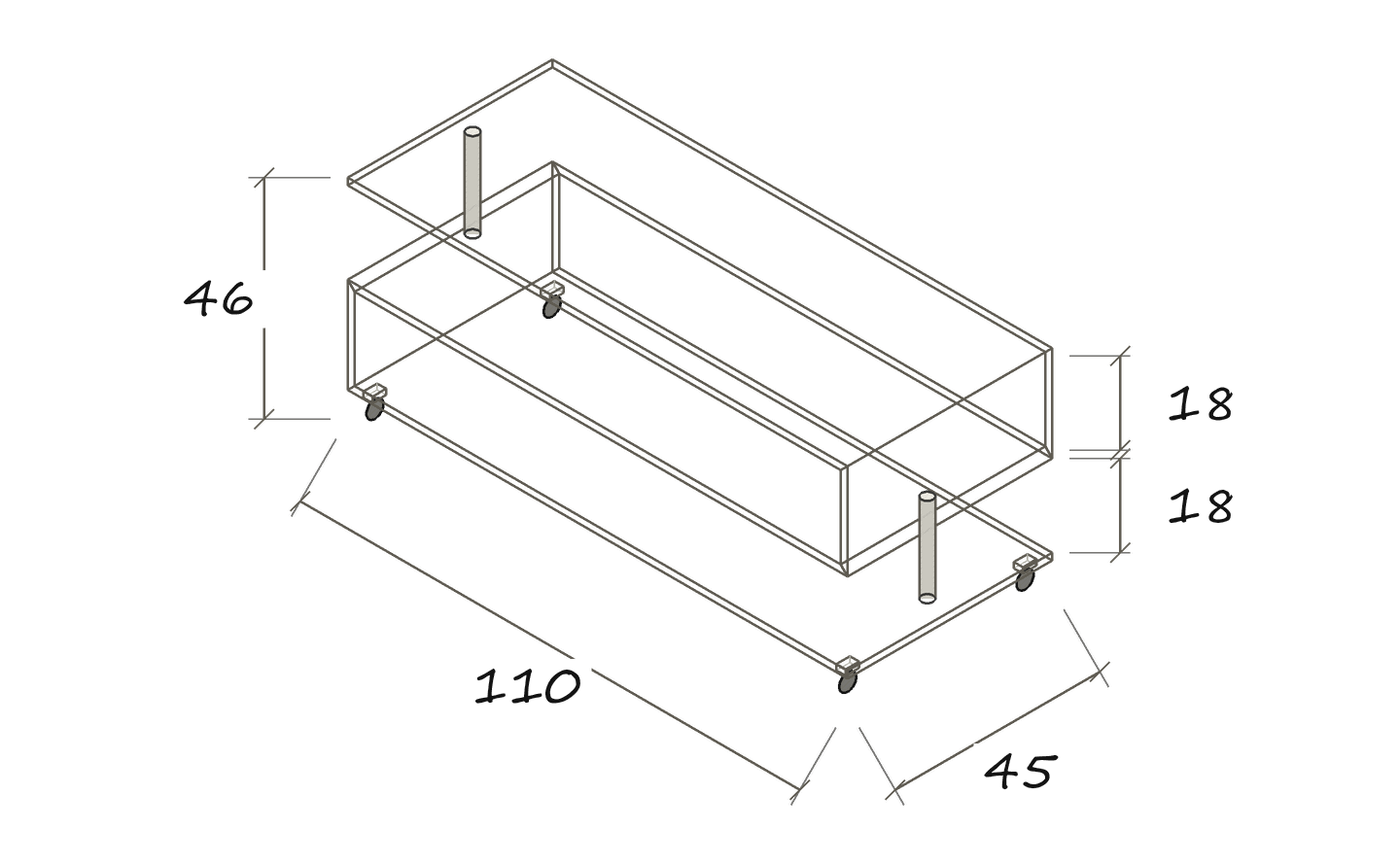 Freigestellte Maßskizze JANUS X: 110 × 45 × 46 cm · Fachhöhen: 18 / 18 cm