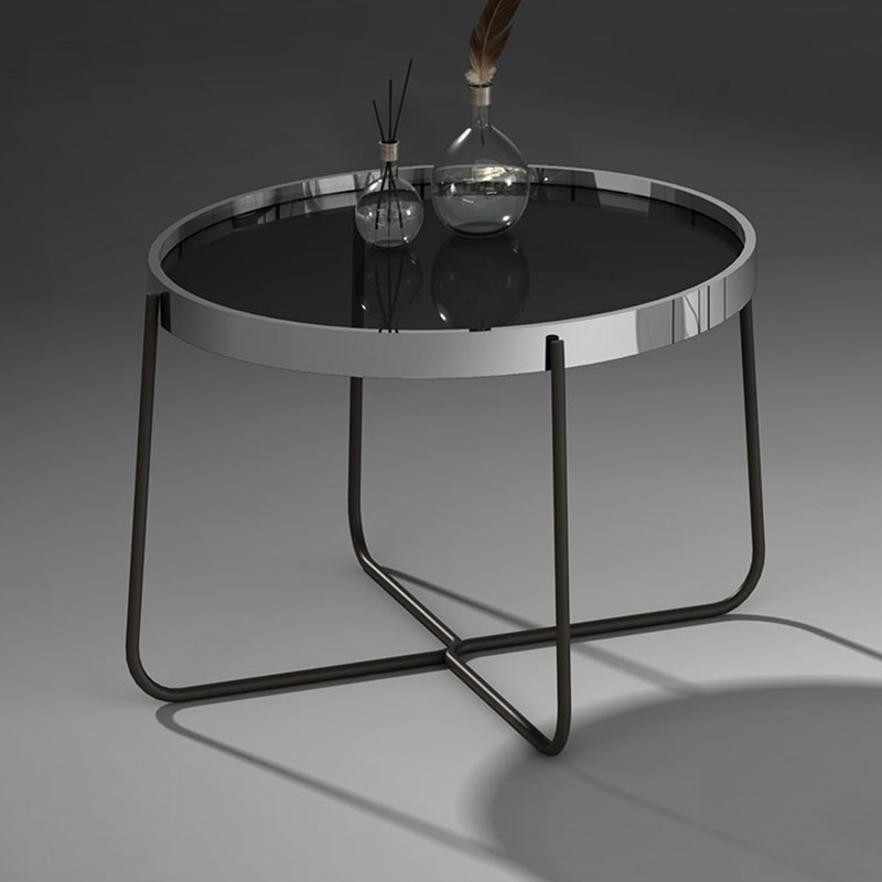 Side table made of glass and metal ELLA by DREIECK DESIGN: black powder-coated frame, glossy chrome-plated ring, Parsol gray table top