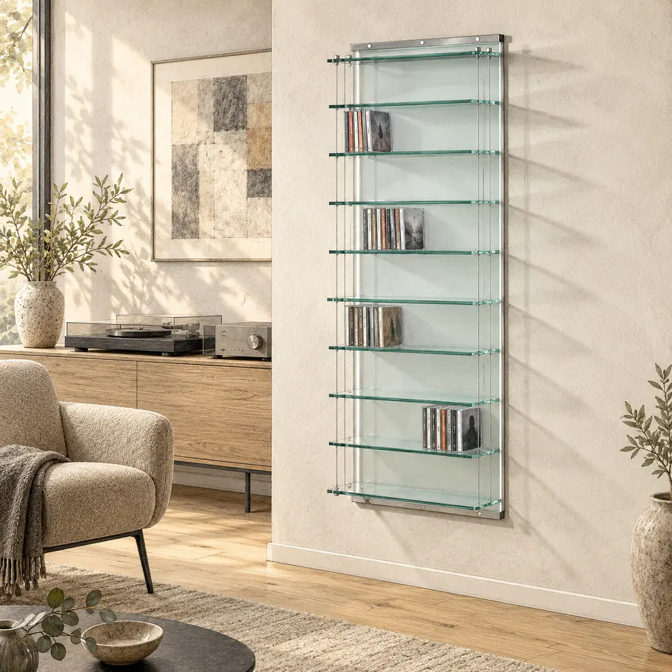 CD WALL SHELVES · Artistic planning illustration; furnishings shown as an example