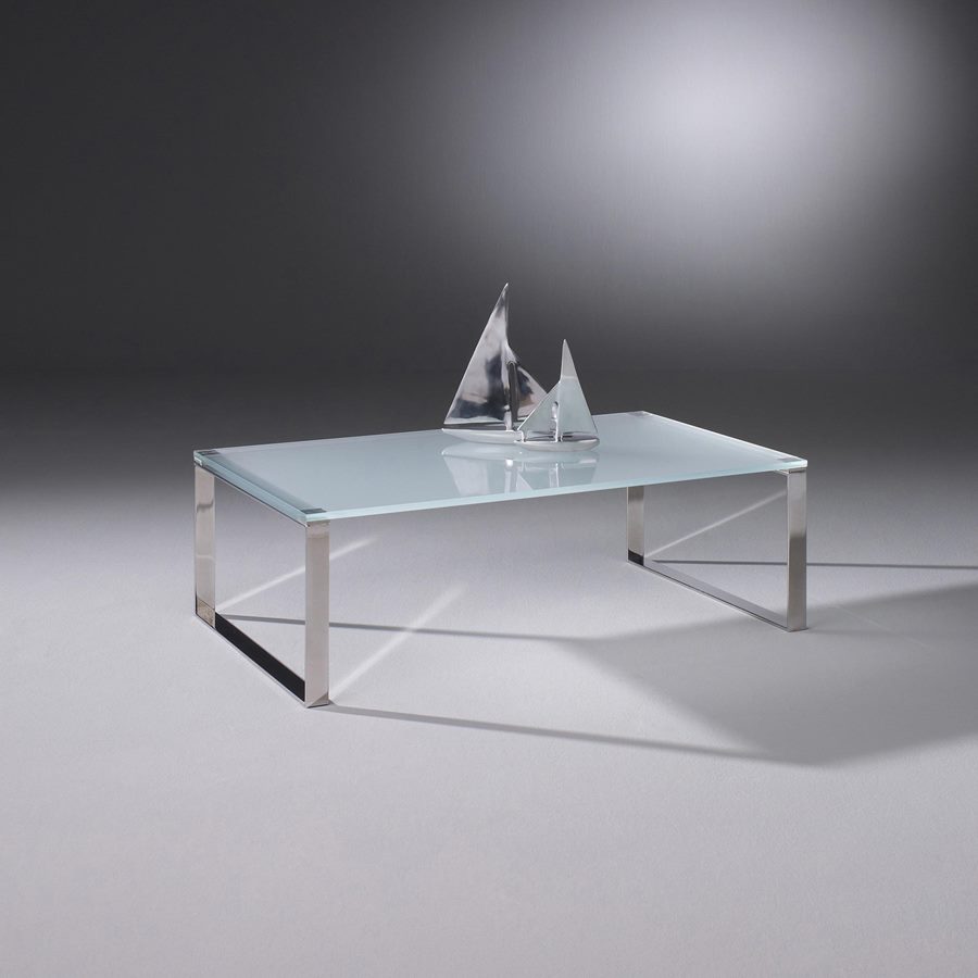 Rectangular DAVIS with a satin-finished glass top and hand-polished stainless steel runners