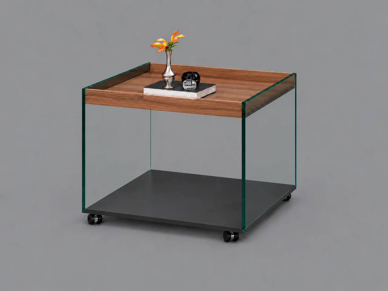 TRAY · Floatglas · Walnut · Anthracite grey RAL 7016 · Material illustration