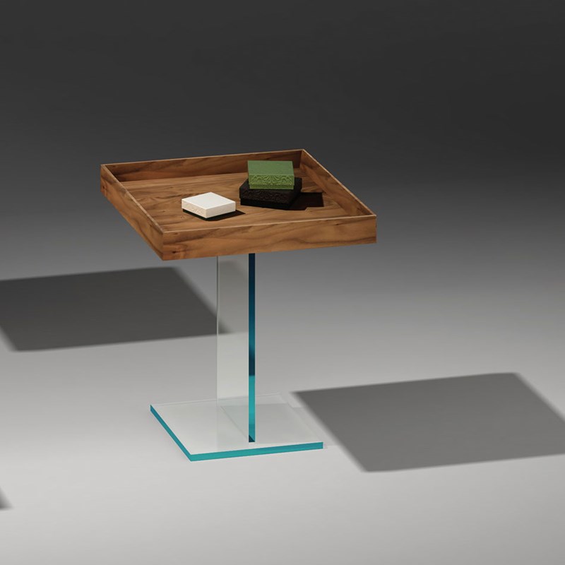 Glass side table COPAIN with removable wooden tray in walnut