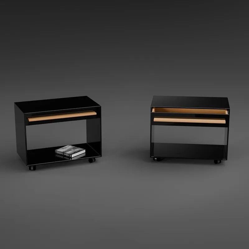 PIANO bedside table in Parsol dark grey glass with a solid oak handle