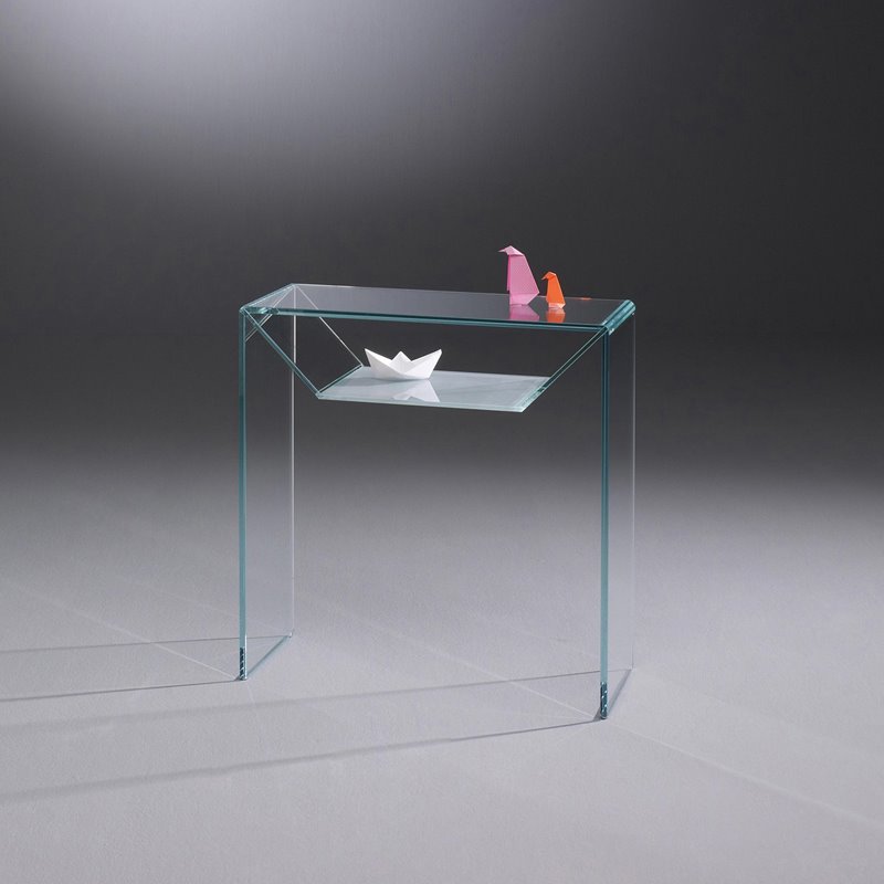 Glass console table BRIDGE by DREIECK DESIGN: B 88 - OPTIWHITE + shelf window grey