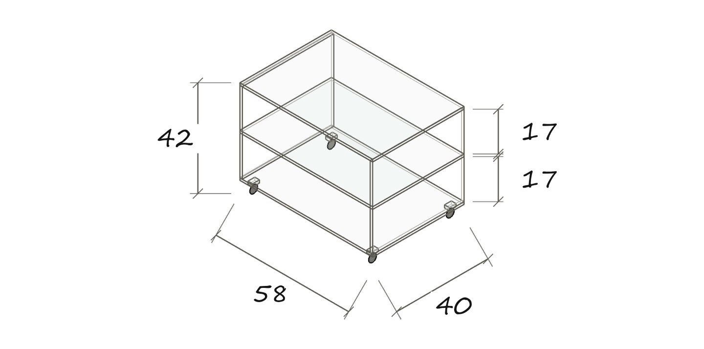 Isolated dimension drawing GC 02: 58 × 40 × 42 cm · Clear compartment heights: 17 / 17 cm