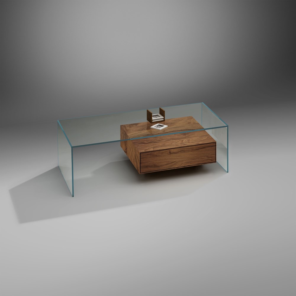 Designer Couchtisch aus Glas mit Massivholzschublade FLY
