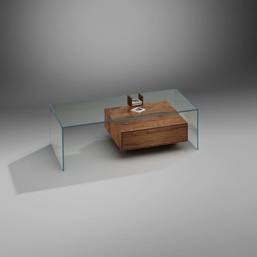 FLY Couchtisch aus Glas und Nussbaum mit Schublade