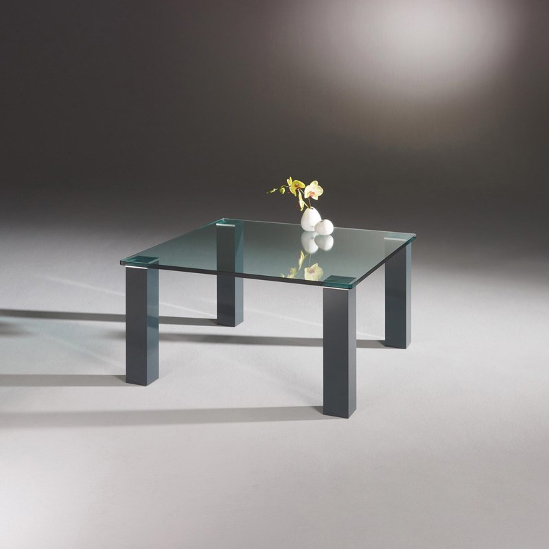 Glass coffee table REMUS by DREIECK DESIGN: RM 8842 - FLOATGLASS clear with rounded corners - table feet color anthracite grey