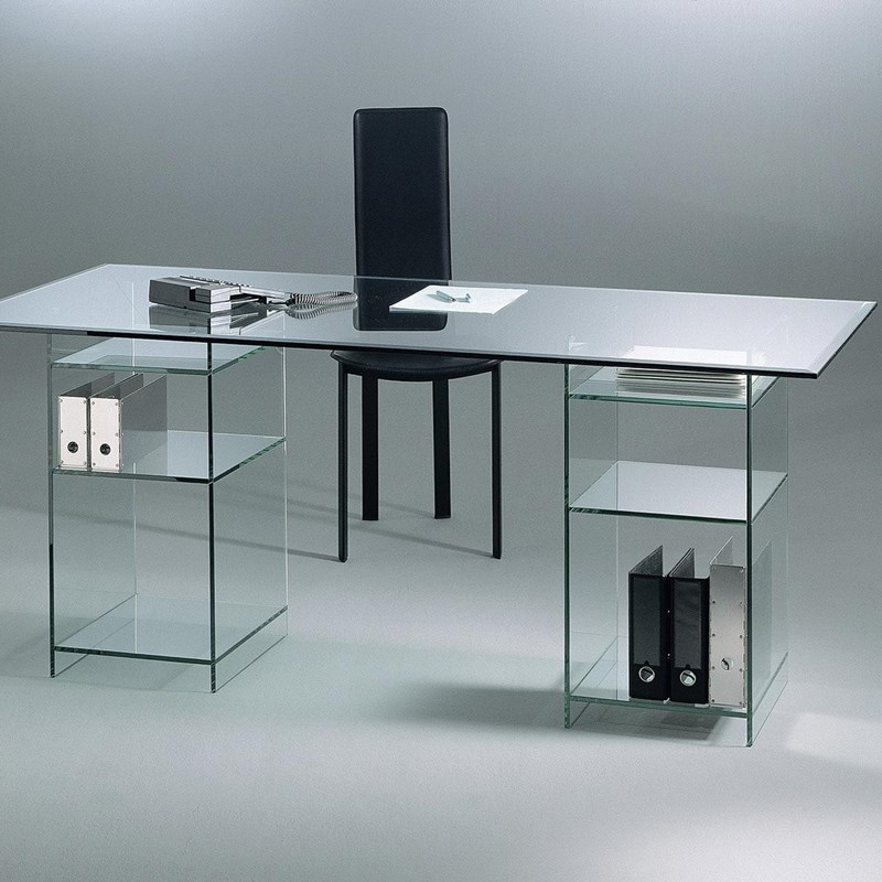 Design-Glasschreibtisch CLASSIC von DREIECK DESIGN: 5532 FLOATGLAS + Untergestell mit 2 Glasregalen