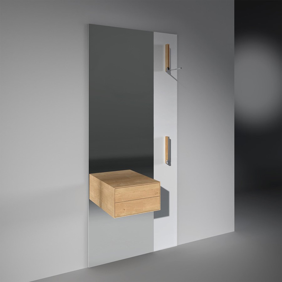 Designer Garderobe FLY G mit Spiegel und Schubladen aus Glas und Massivholz Nussbaum mit Schubladen im Flur