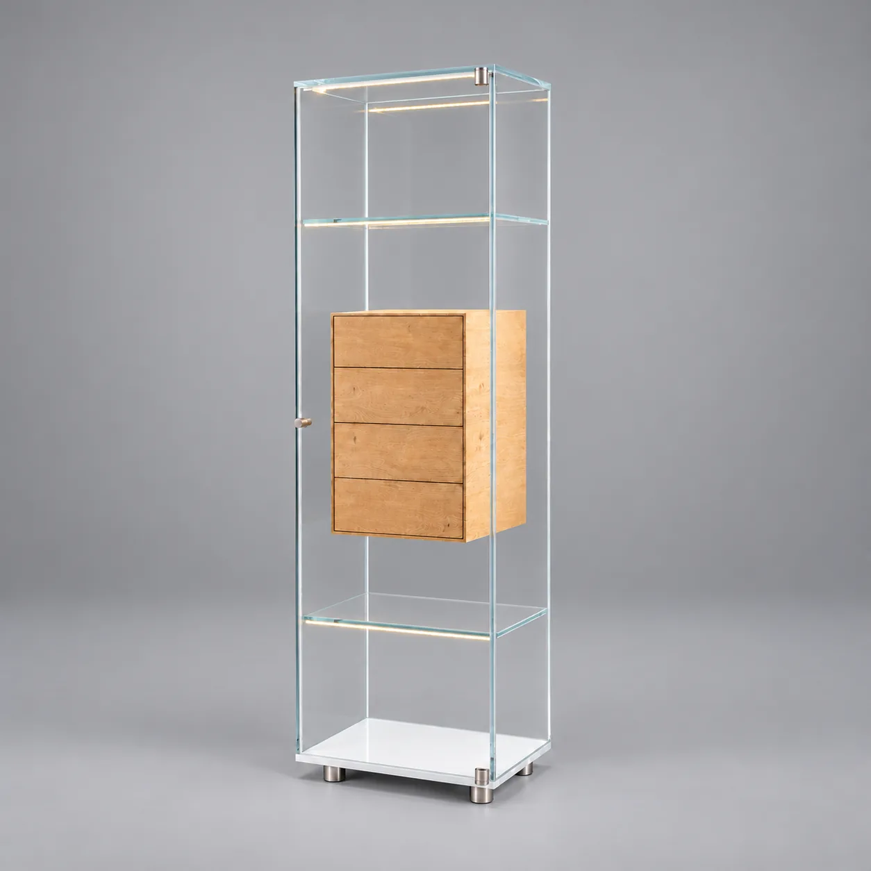 SOLUS FLY · Optiwhite · Eiche massiv · Rückwand klar · Materialillustration