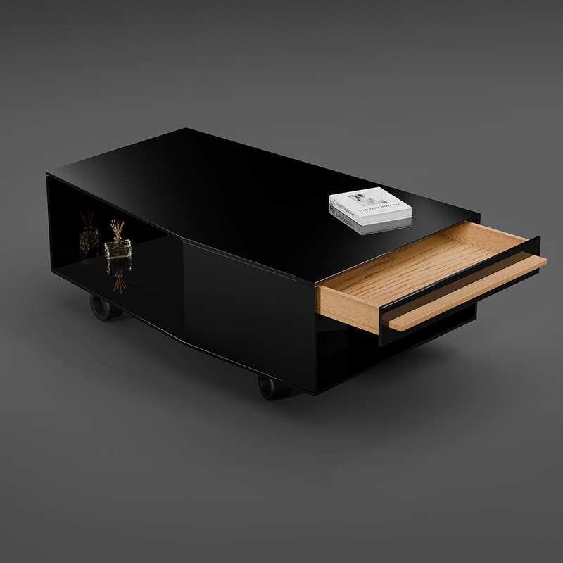 Design coffee table PIANO - dark parsol grey - handle solid oak - drawer opened