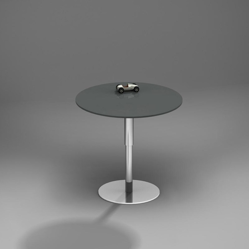 Height adjustable glass coffee table SLIDE by DREIECK DESIGN: SLIDE 60 - OPTIWHITE velvet color anthracite grey - base glossy chromed