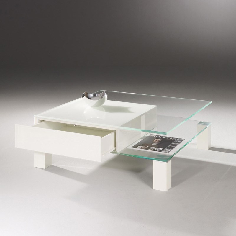 Glass cocktail table THEBEN by DREIECK DESIGN: THEBEN 99/1 (with one drawer) - OPTIWHITE partial color pure white
