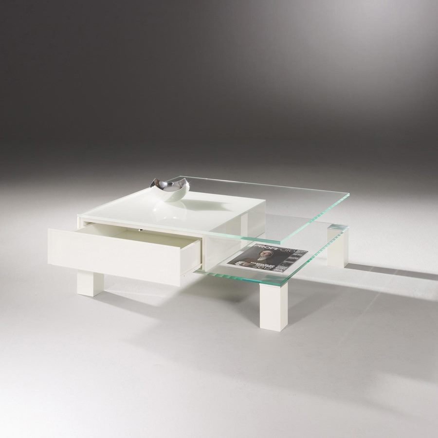 THEBEN with a clear glass top and a white drawer section