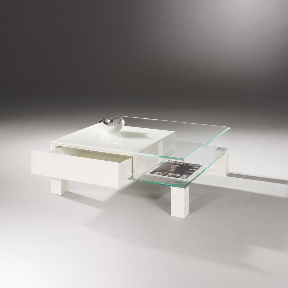 Weisser Couchtisch aus Glas mit Schubladen