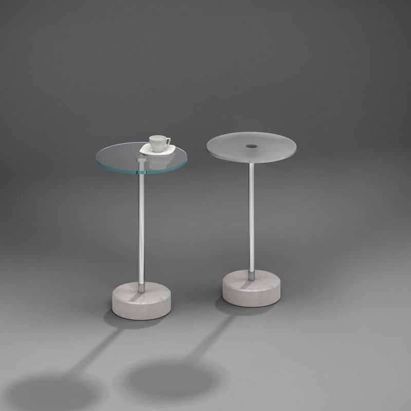 Glass side table ROTON with concrete foot by DREIECK DESIGN - Optiwhite - clear + satinated