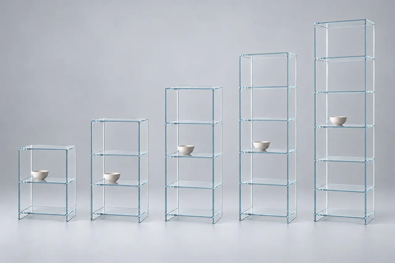TOURELLE · Gerades Regal · Optiwhite · fünf Höhen im gemeinsamen Maßstab · Materialillustration