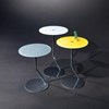 Glass side table DISC by DREIECK DESIGN: OPTIWHITE velvet color window grey + color pure white + color golden yellow