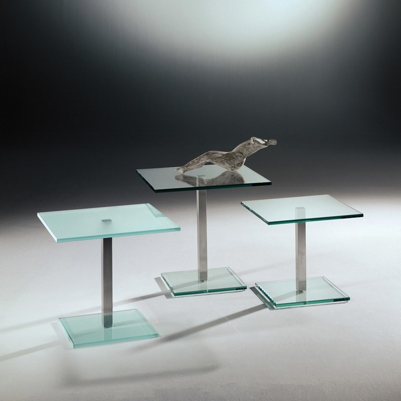 Glass side table QUADRO by DREIECK DESIGN: QB 5040 FLOATGLASS satinated + QB 5540 FLOATGLASS clear + QB 4540 FLOATGLASS clear