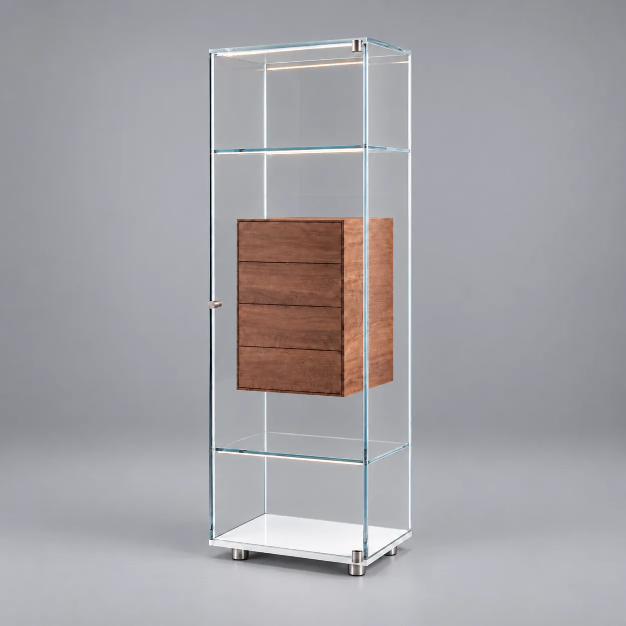 SOLUS FLY · Optiwhite · Nussbaum massiv · Rückwand klar · Materialillustration