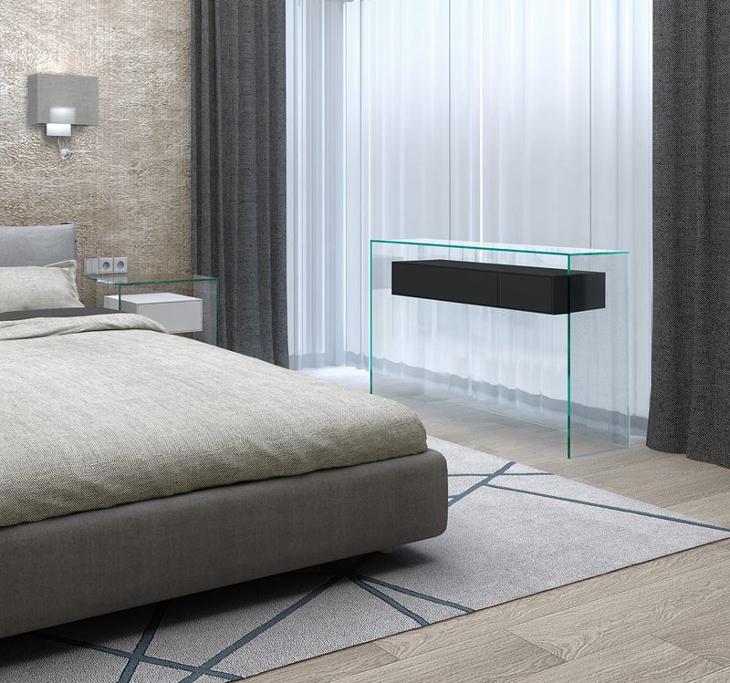 FLY glass console table and bedside table with wooden drawers