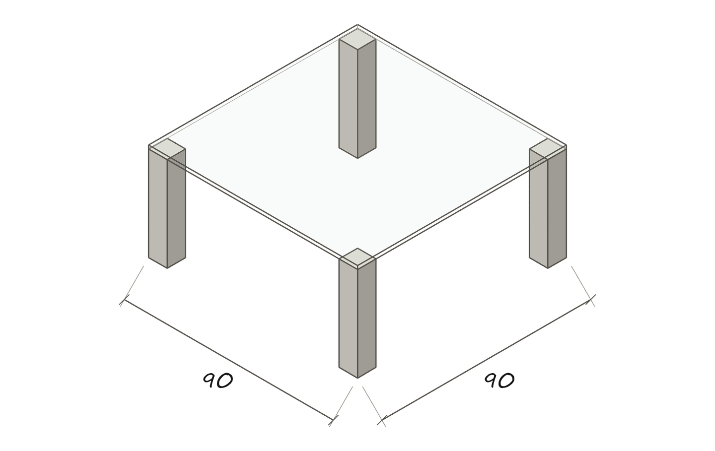 Freigestellte Maßskizze REMUS 90 × 90 cm