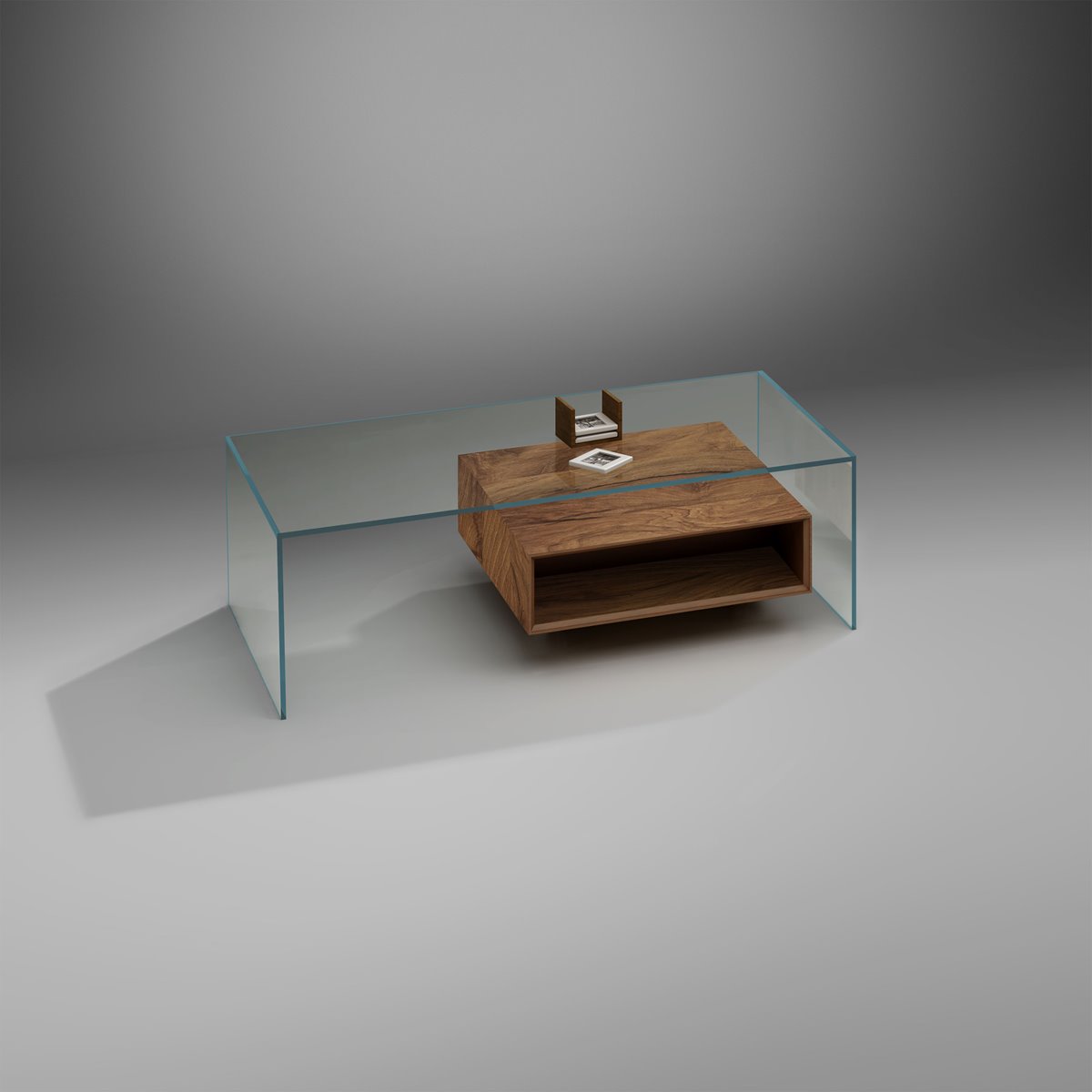 FLY glass coffee table with a walnut drawer, viewed from the back