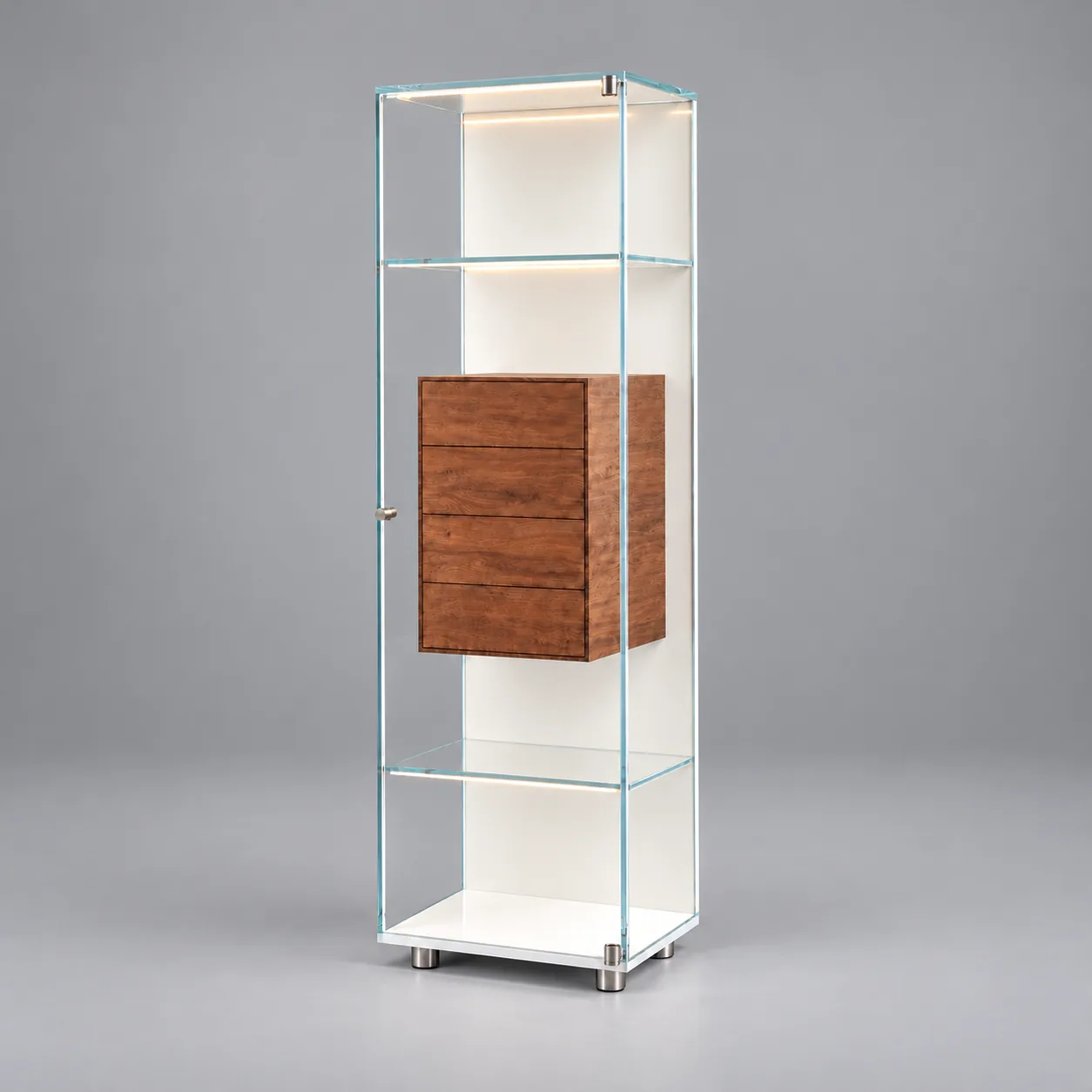 SOLUS FLY · Optiwhite · Nussbaum massiv · Rückwand Samtcolor weiß · Materialillustration
