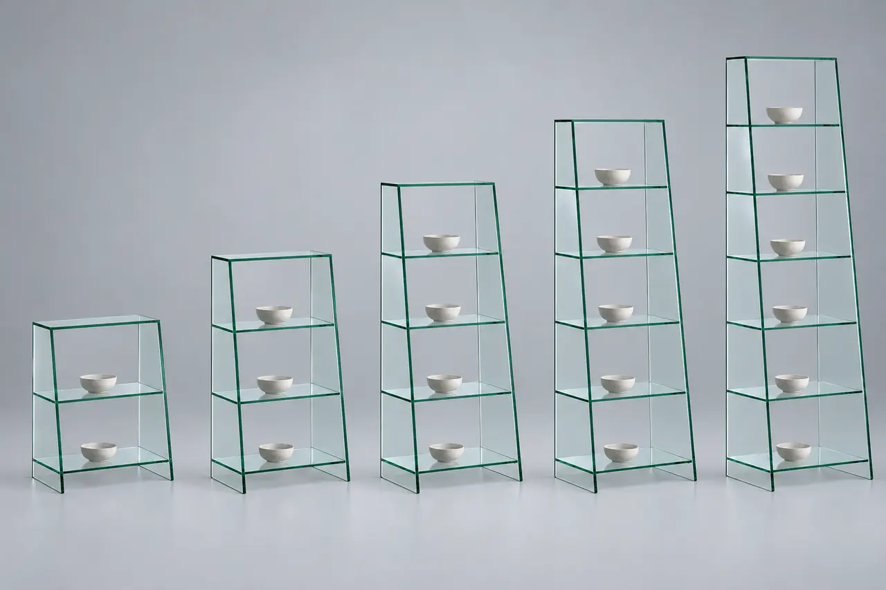 TOURELLE · Breites schräges Regal · Floatglas · fünf Höhen im gemeinsamen Maßstab · Materialillustration