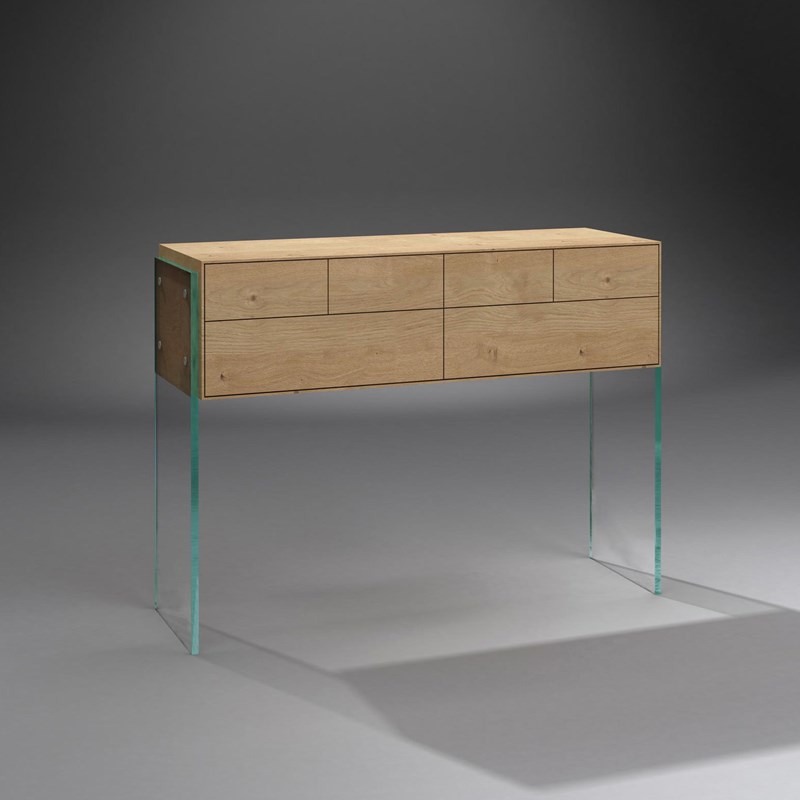 Solid wood console FLAIR 120 by DREIECK DESIGN: Glass OPTIWHITE + solid wood oak