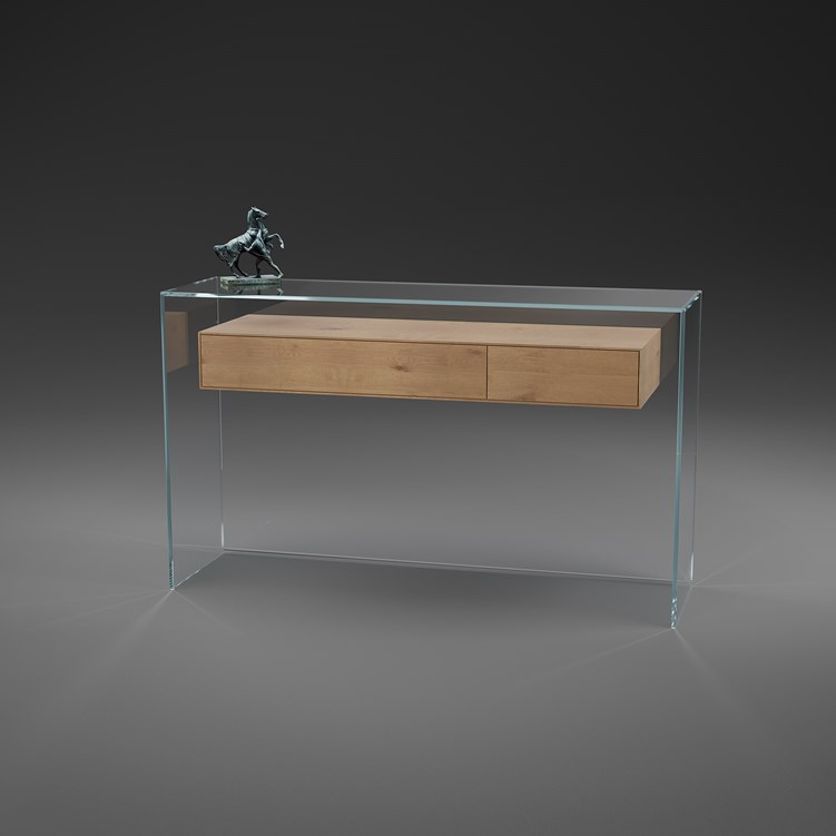 Glaskommode FLY in Optiwhite Glas mit Schubladen Massivholz EIche
