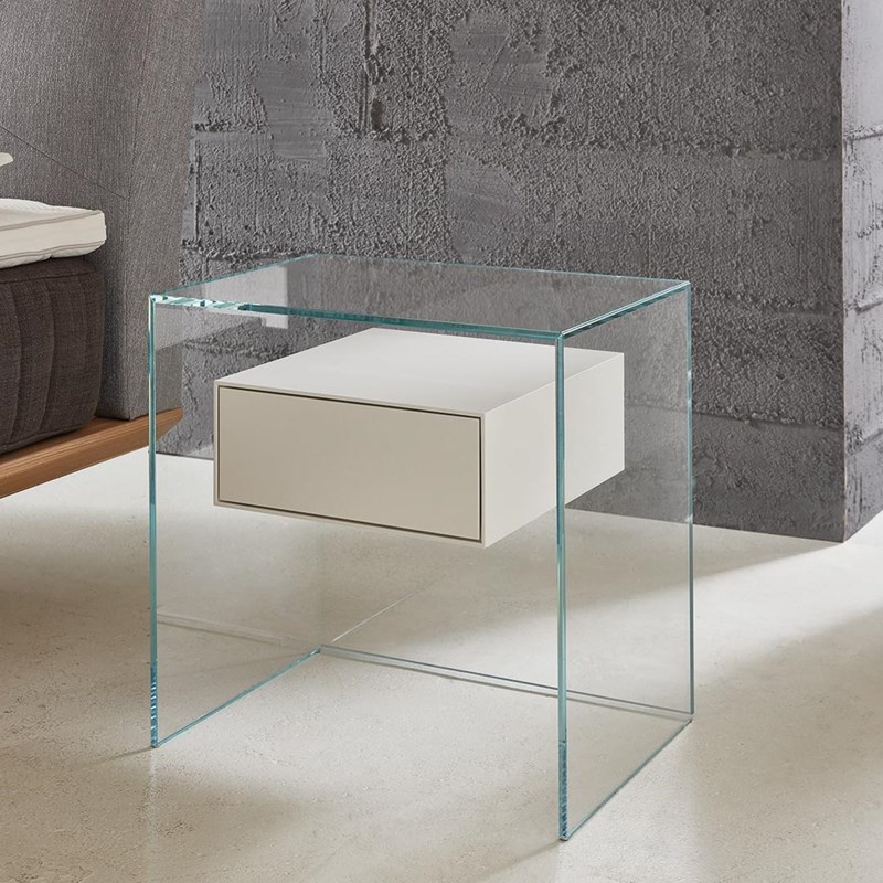 Glass nightstand PURE FLY by DREIECK DESIGN: Optiwhite glass - drawer lacquered pure white