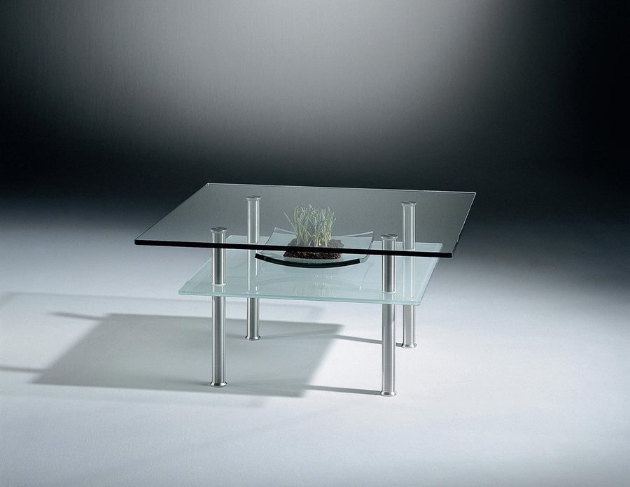 SIRIUS DOUBLE with a recessed glass shelf, shown with stainless steel legs
