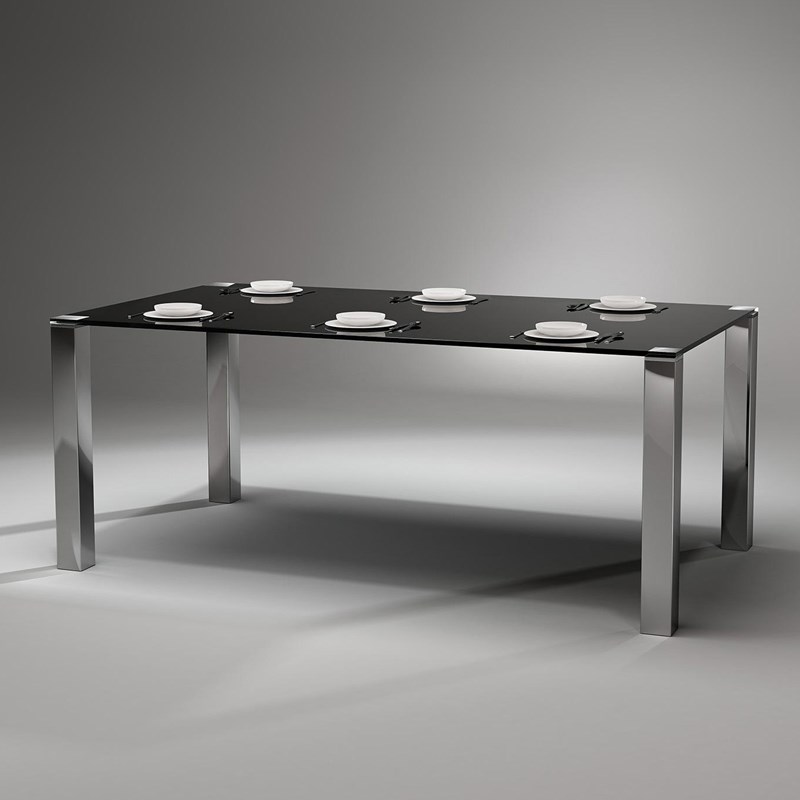 Moderner Glastisch QUADRO MAGNUM von DREIECK DESIGN: QM 2072 - FLOATGLAS color tiefschwarz - Tischfüße Edelstahl handpoliert