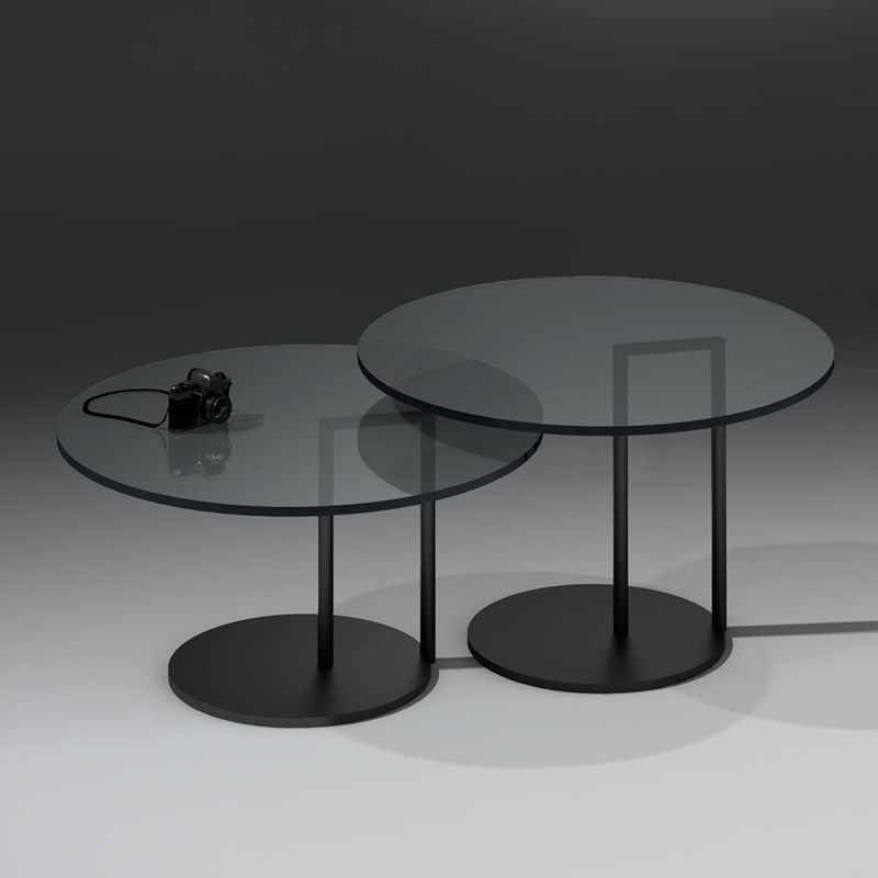 Glass coffee table NEX by DREIECK DESIGN: Parsol grey - base black powder coated