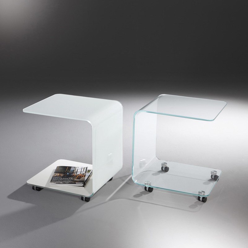 Glass side table ZABO by DREIECK DESIGN: OPTIWHITE color pure white + OPTIWHITE clear