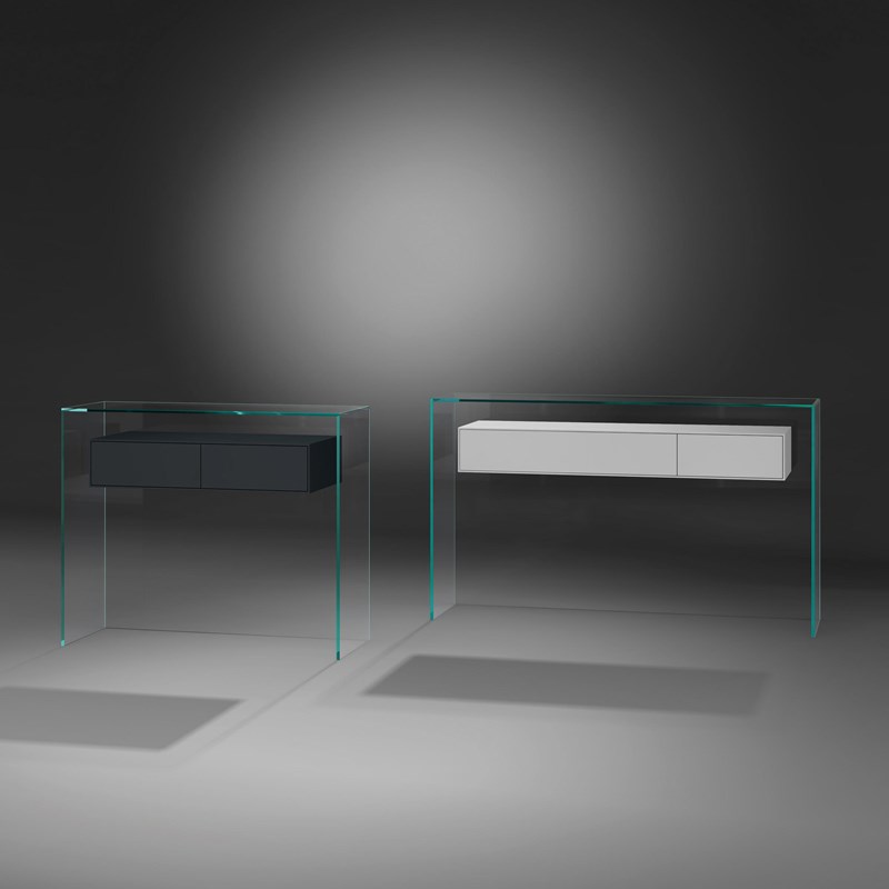Glass console table FLY 91 by DREIECK DESIGN - OPTIWHITE - drawer element MDF silk mat anthracite grey + FLY 127 - OPTIWHITE - drawer element MDF silk mat pure white