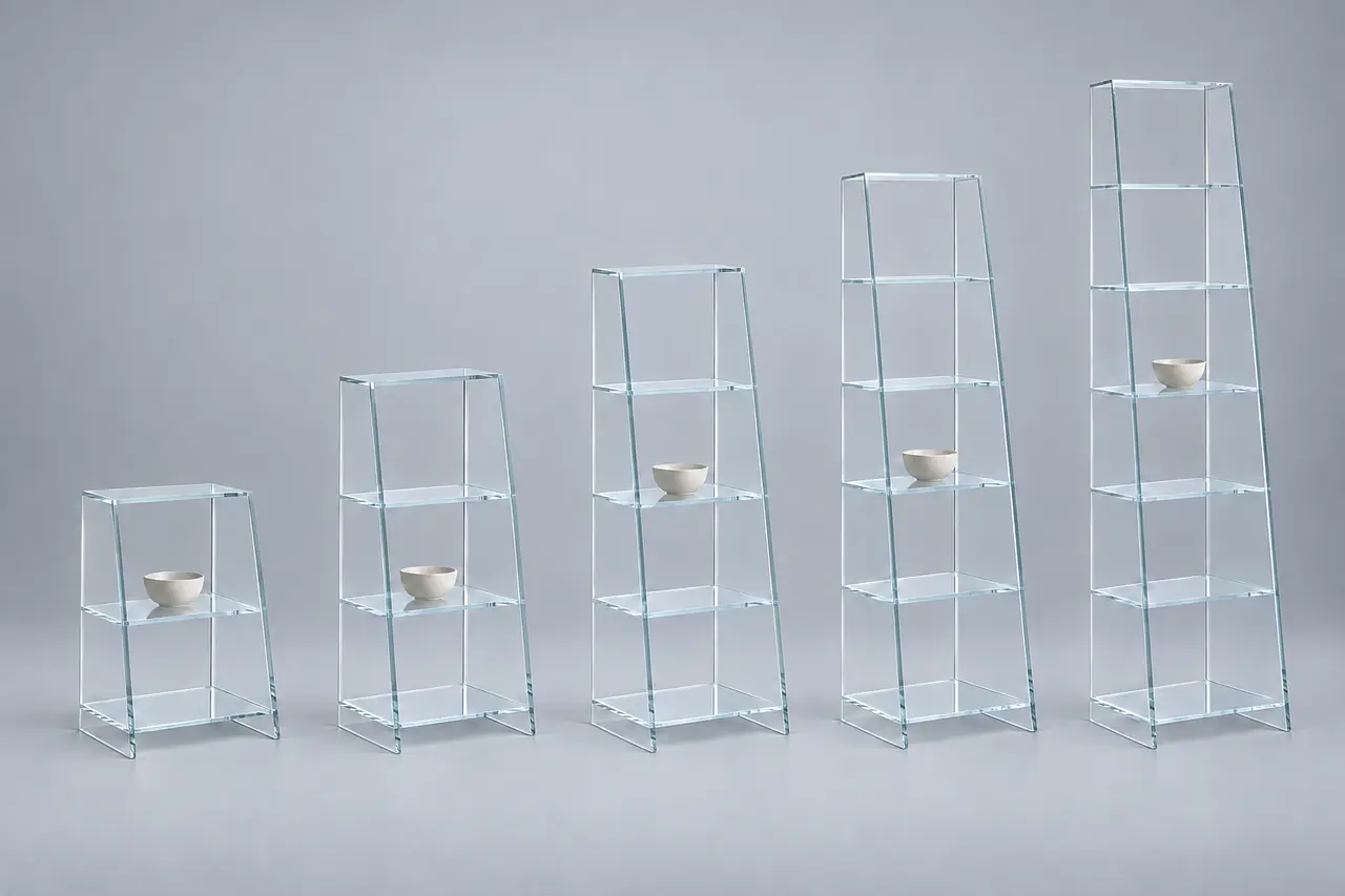 TOURELLE · Schmales schräges Regal · Optiwhite · fünf Höhen im gemeinsamen Maßstab · Materialillustration
