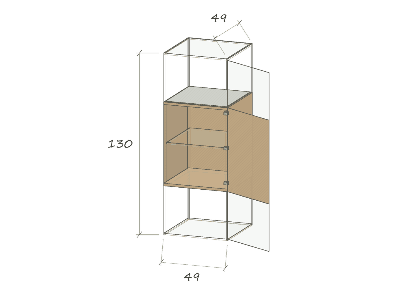 VICTUS · 49 × 49 × 130 cm · Tür geöffnet · Optiwhite oder Parsol grau · Eiche oder Nussbaum · Maße in cm