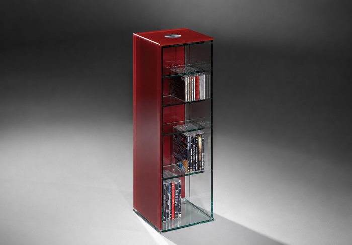 CD-Regal CUBE aus Glas mit roter Seitenwand