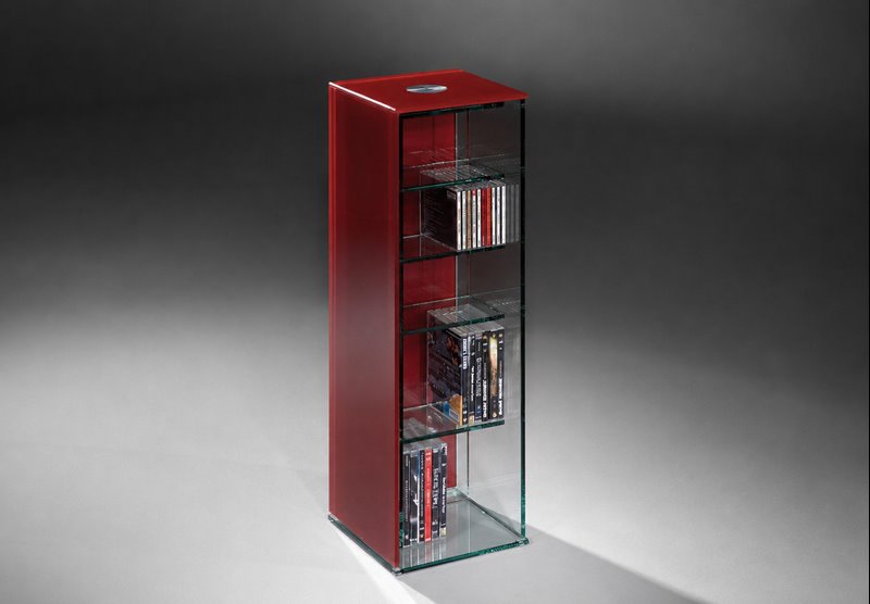 CD-Regal CUBE aus Glas mit roter Seitenwand