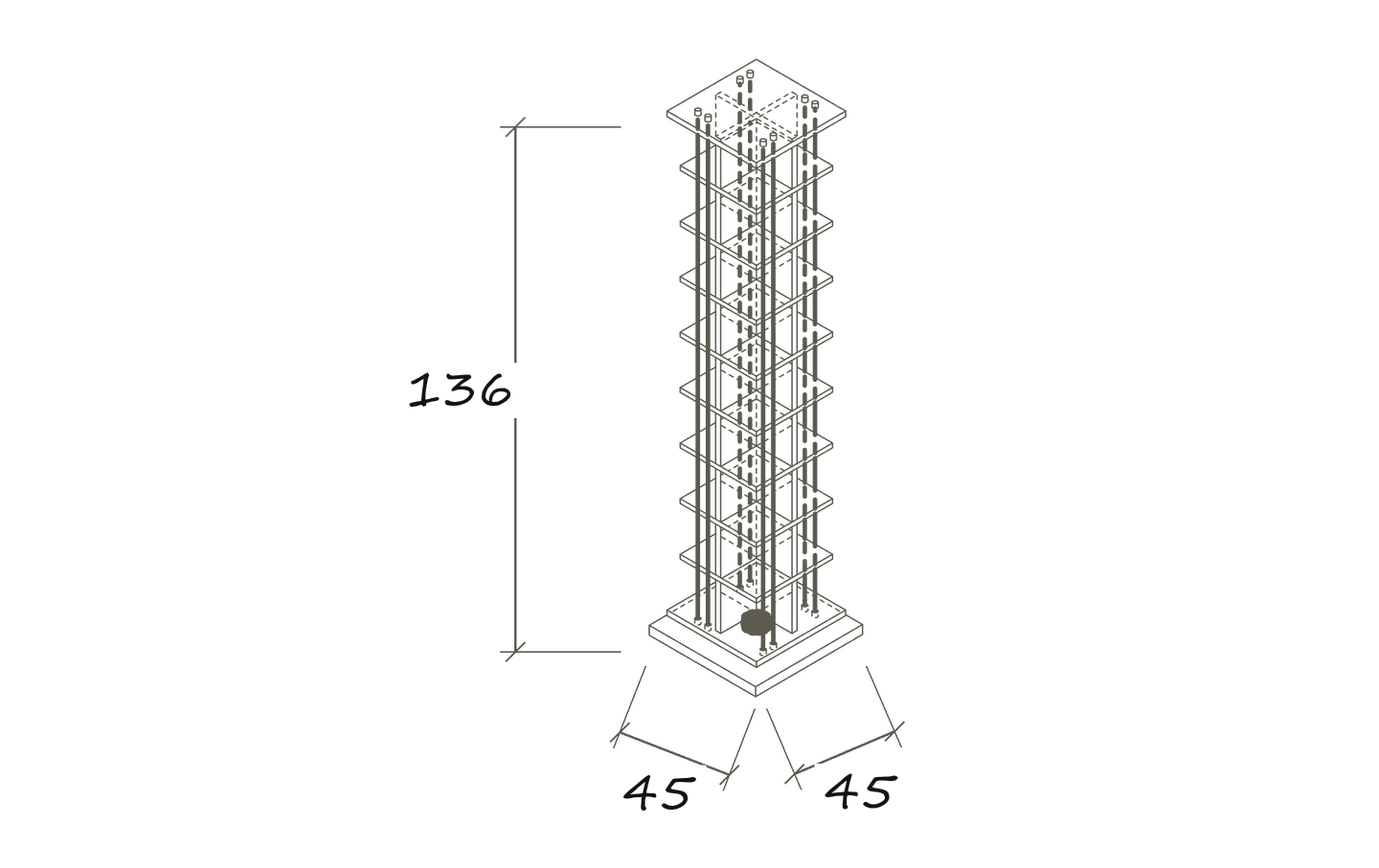 Freigestellte Maßskizze CD 504: 45 × 45 × 136 cm