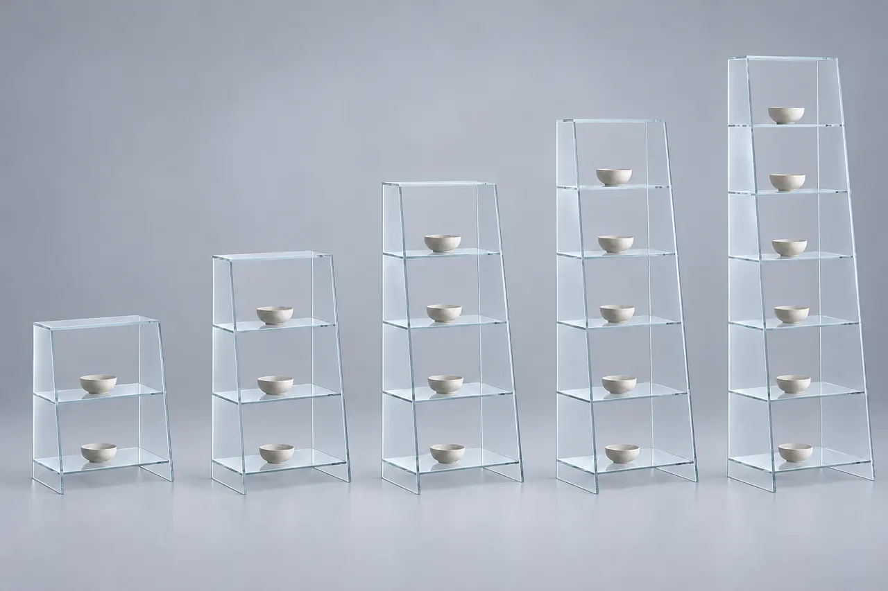 TOURELLE · Breites schräges Regal · Optiwhite · fünf Höhen im gemeinsamen Maßstab · Materialillustration