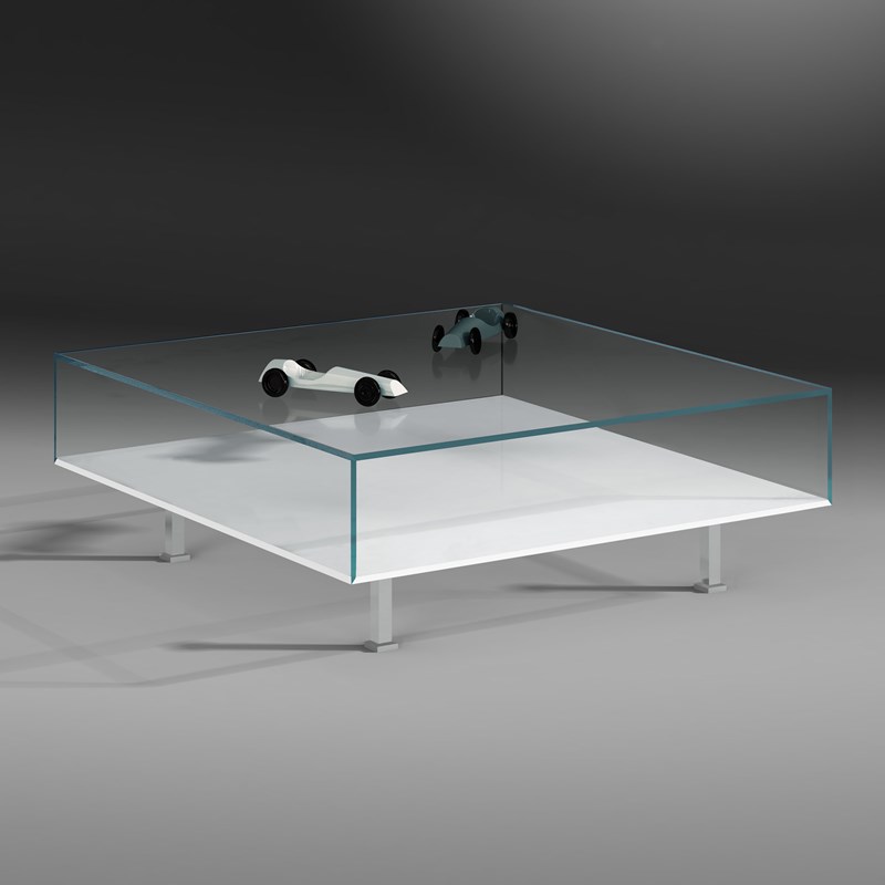 Coffee table KATO F by DREIECK DESIGN - Optiwhite glass - bottom plate color pure white - Feet bright nickel-plated