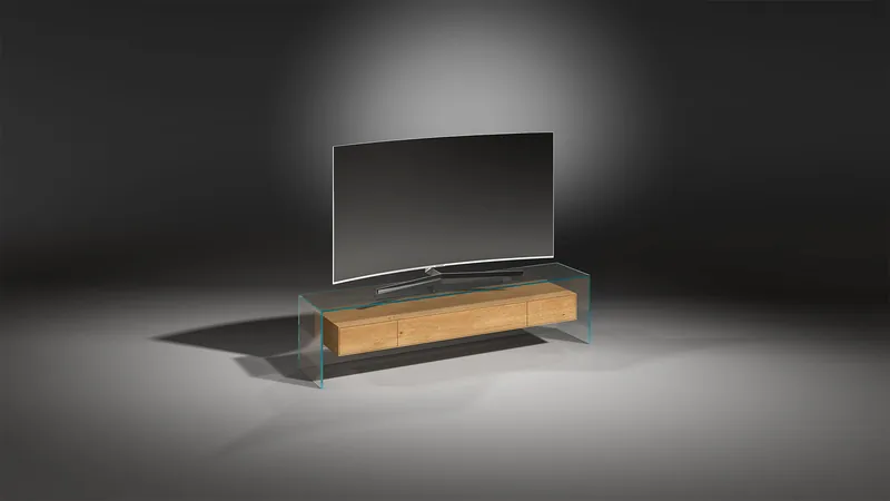 Fernsehrack aus Glas mit Massivholz Schubladenelement in Eiche - FLY 162 Optiwhite - Eiche massiv