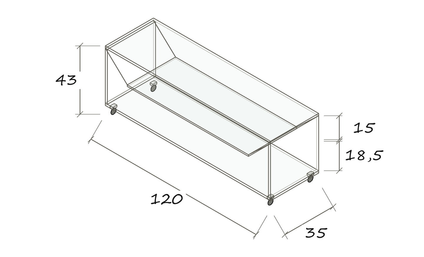 Isolated dimension drawing B 124: 120 × 35 × 43 cm · Clear compartment heights: 18.5 / 15 cm