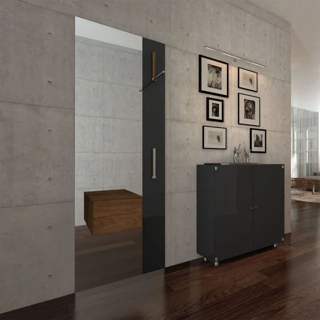 FLY G - 85 × 31 × 200 cm (W × D × H) - Anthracite grey lacquered - Drawers solid walnut (shown beside the SHINE glass display cabinet)